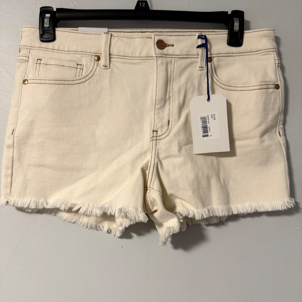 Eunina Faye Womens Mid Rise Denim Shorts Ecru Cream Raw Frayed Hem Size L